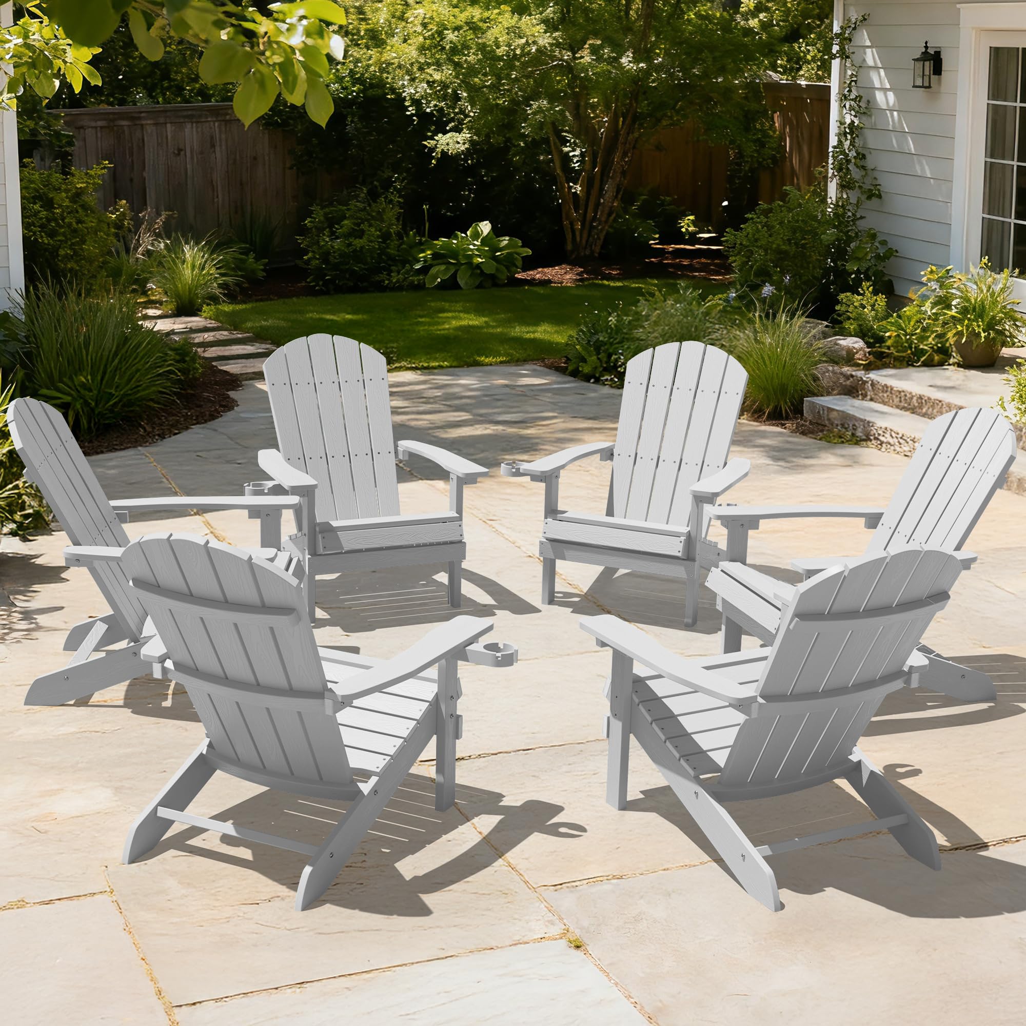 YEFU Adirondack Chairs Set of 6: Outdoor Chair HIPS Plastic Adirondack Chairs - Patio Chairs with Wood Texture - Lawn Fire Pit Deck Porch Garden Chairs for Adults(White) Image