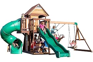Backyard Discovery Cedar Cove Cedar Wood Swing Set with Spiral Tube Slide, Wave Slide, Clubhouse, Toy Grill, Snack Bar, Rock Wall, Belt Swings, Web Swing, Balcony, Chalkboard, Ladder, Outdoor Playset