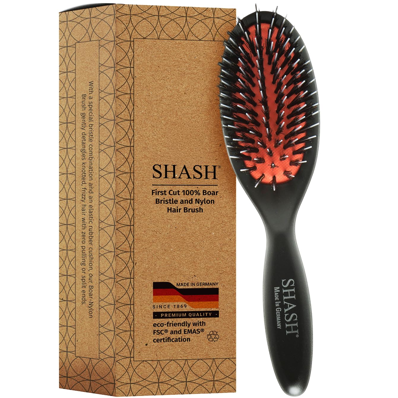 SHASH Since 1869 Made In Germany - Nylon Boar Bristle Brush For Normal To Thick Hair, Gently Detangles, No Pulling or Split Ends - Improves Hair Texture, Soothes and Stimulates Scalp (Small)