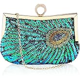 Peacock Evening Bags Clutch Purse for Women Bead Sequins Vintage Purses Crossbody Handbags with Detachable Chains
