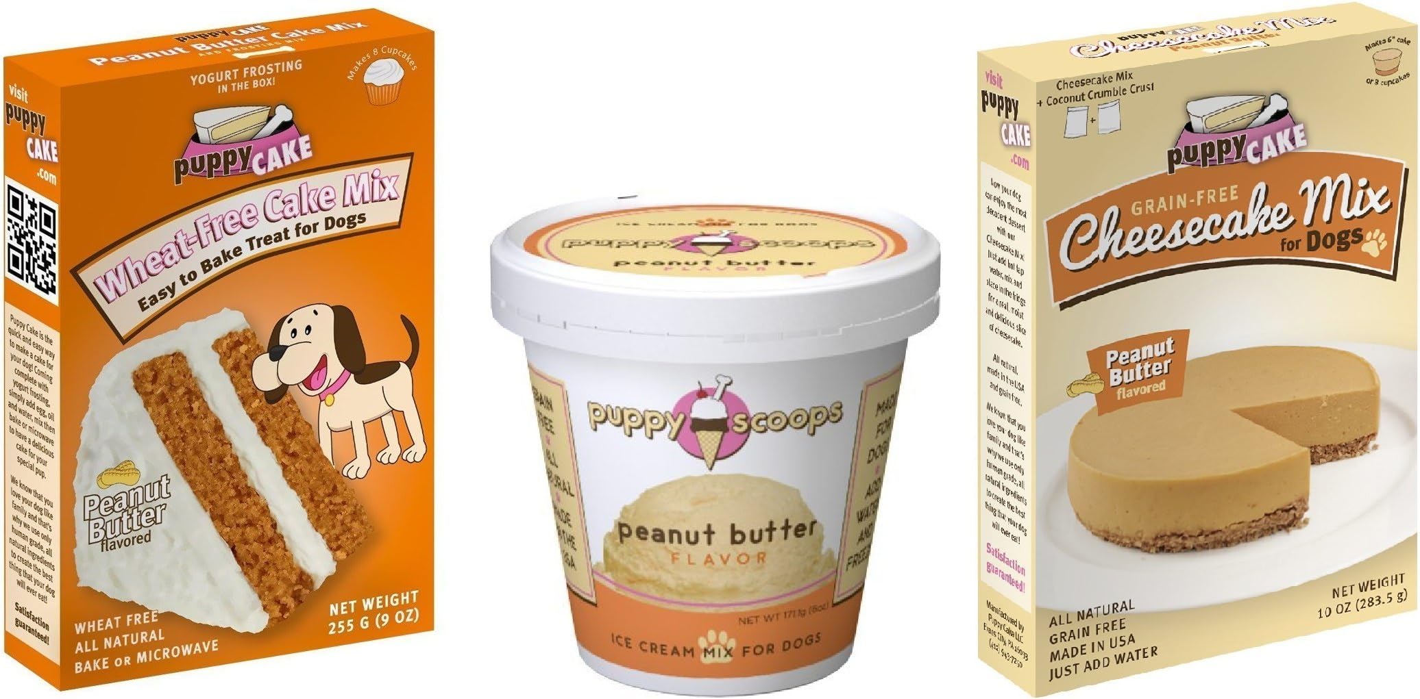 Puppy Cake Peanut Butter Bundle - Cake Mix and Frosting, Puppy Scoops Ice Cream, and Grain-Free Cheesecake Mix - All Peanut Butter Flavor!