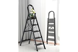 COROCO 5 Step Ladder, Folding Step Stool with Anti-Slip Wide Sturdy Pedal and Handgrip, Portable Lightweight Aluminum Stepladder, Multi-Use for Home, Library, Garage (300 lbs Capacity) - Black