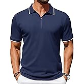 Cotrasen Mens Zipper Polo Shirts Short Sleeve Dual Tipped Collar Golf Shirts Fashion Textured Slim Fit T-Shirts