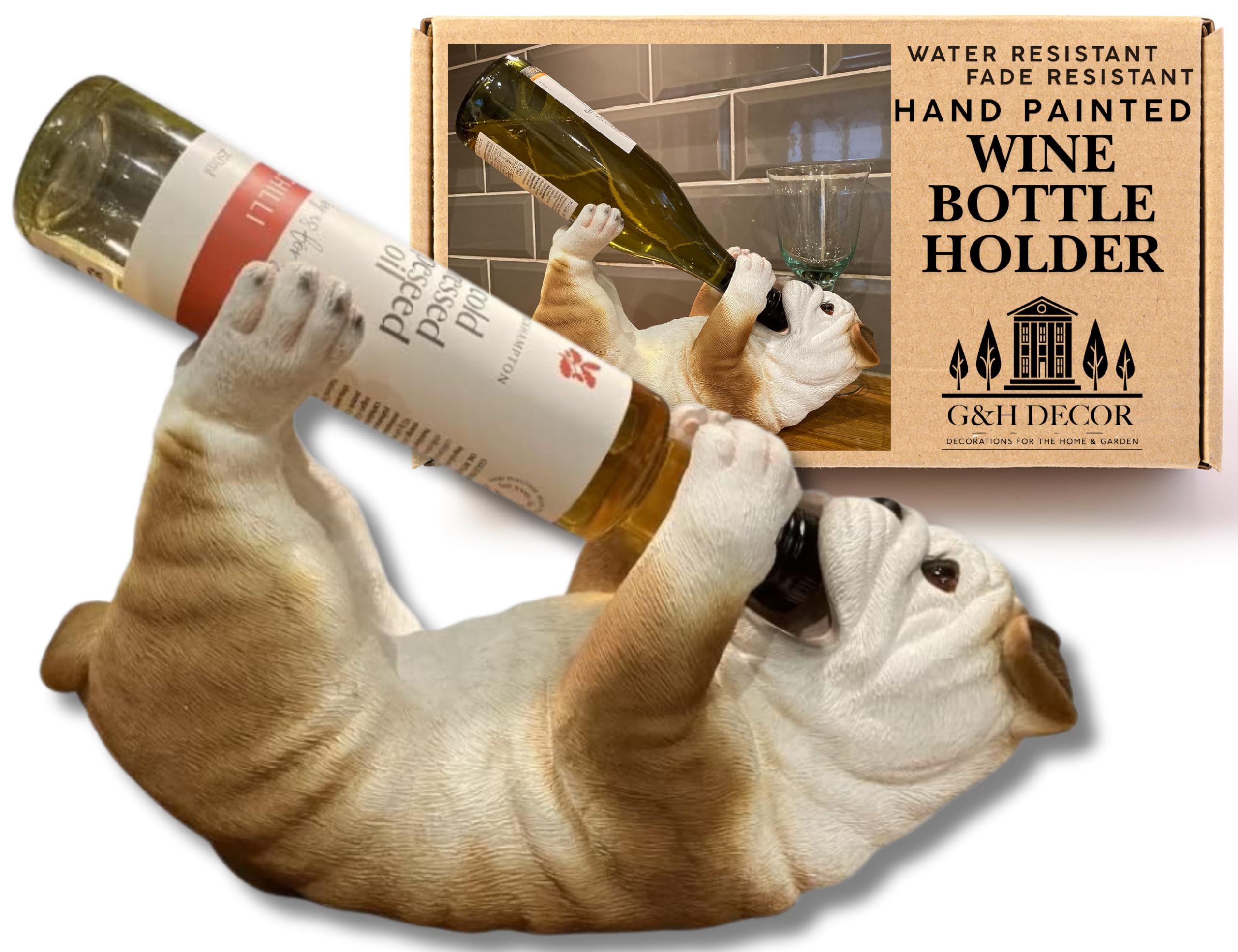 G&H Decor - Charming Bulldog Gifts - Humorous Dog Wine Bottle Holder for Women - Mum & Dog Owners - 29cm Resin Animals