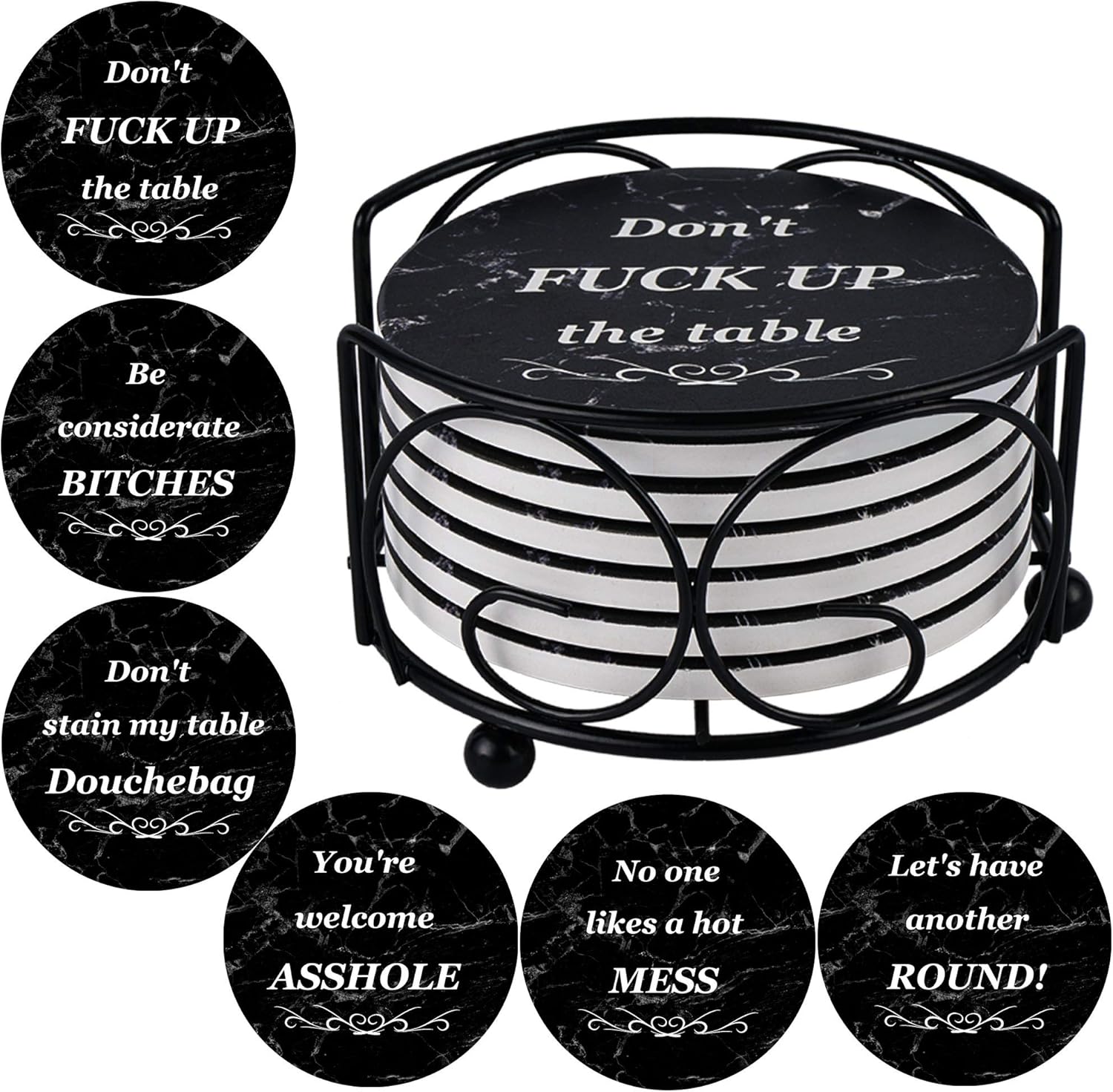 Coasters for Drinks, Funny Drink Coasters Absorbent with Holder 6 Pcs Absorbing Stone Funny Coaster Gift Set Housewarming Gift New Home Apartment Kitchen House Decor Gift for Women Men