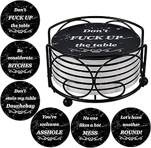Coasters for Drinks, Funny Drink Coasters Absorbent with Holder 6 Pcs Absorbing Stone Funny Coaster Gift Set Housewarming Gift New Home Apartment Kitchen House Decor Gift for Women Men