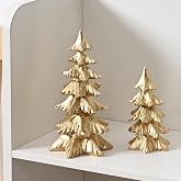 FESTGLOX Gold Christmas Tree Figurines,Small Resin Christmas Tabletop Trees | Set of 2 Decorative Xmas Trees for Christmas Decorations Indoor Mantle Centerpieces, Holiday Home Office Decor