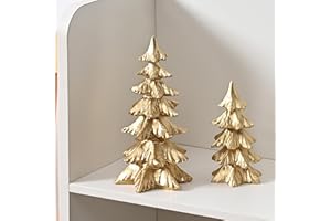 FESTGLOX Gold Christmas Tree Figurines, Small Resin Christmas Trees Home Decor, Tabletop Tree Set of 2, Decorative Xmas Trees for Christmas Decorations Indoor Mantle Centerpieces