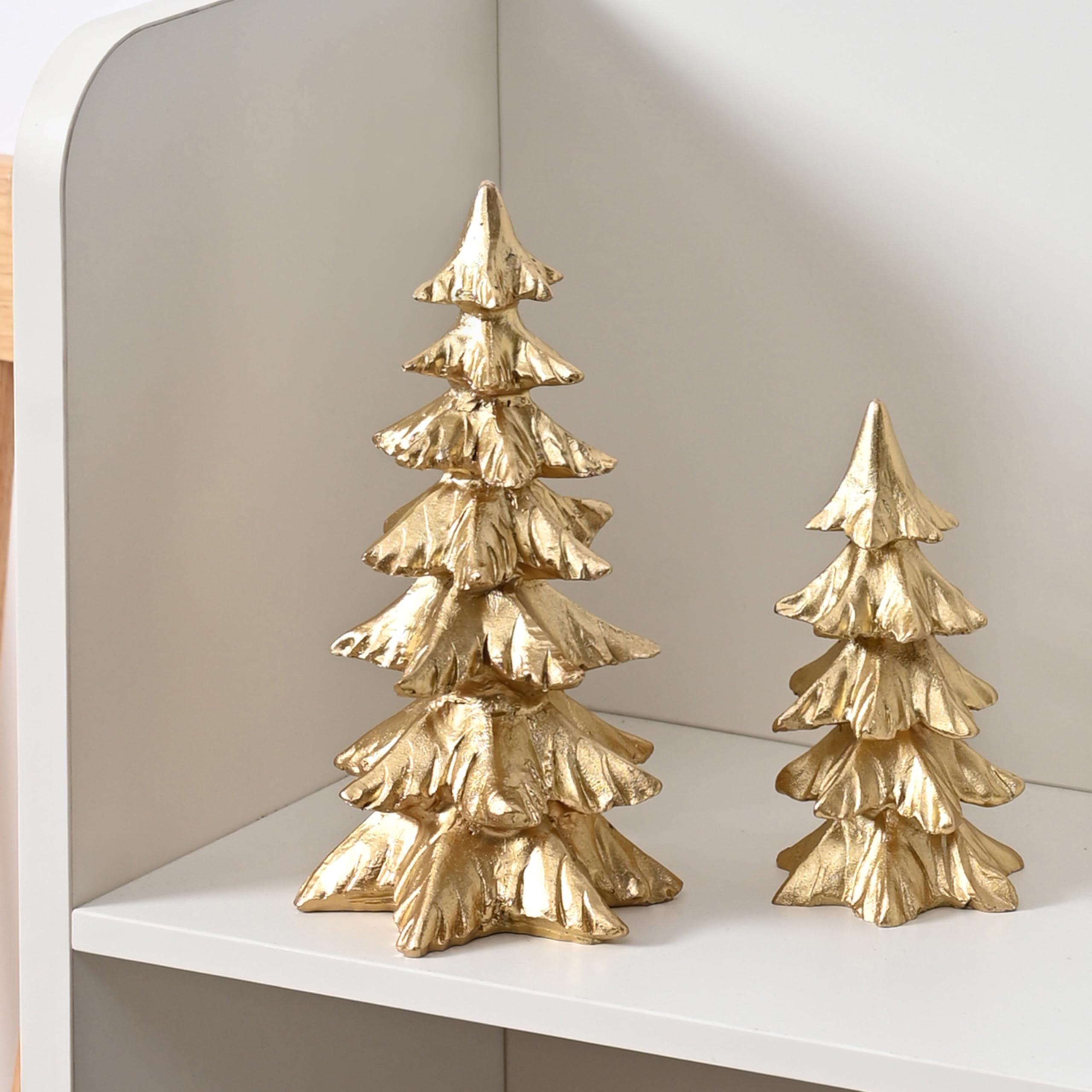 Photo 1 of FESTGLOX Gold Christmas Tree Figurines, Small Resin Christmas Tree Home Decor, Tabletop Christmas Tree Set of 2, Decorative Xmas Trees for Christmas Decorations Indoor Mantle Centerpieces