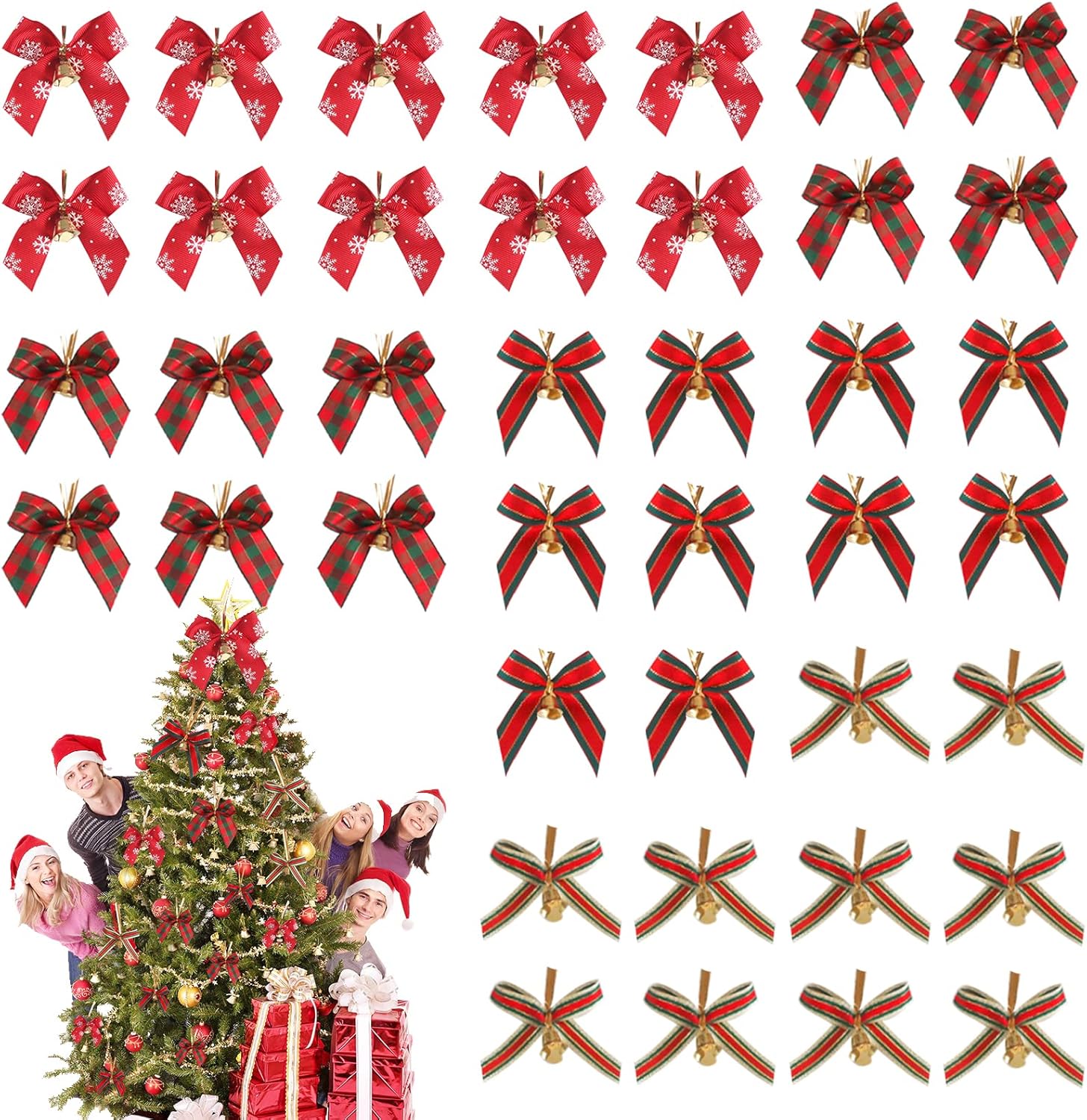 Bows & Ribbons - Tarklanda 40 Pcs Christmas Bow Ribbon Bows for Christmas Tree,Red Green Buffalo Plaid Bow Christmas Snowflake Bells for Xmas Tree Wreath Crafts Gifts DIY Bow Decoration Supplies