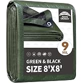 RAINDEWAY 8x8 Feet Tarp Waterproof,9Mil Green/Black Poly Tarps Cover | Camping,Tent,Multipurpose Cover with Metal Grommets,Sturdy Corners and Reinforced Edges,Finished Size,UV Resistant,Durable