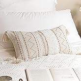 BlissBlush 12x20 Lumbar Pillow Cover, Cream Neutral Rectangular Decorative Cushion Cover, Boho Accent Pillowcase with Tufted Details and Tassels for Couch Sofa Living Room (Cover Only)