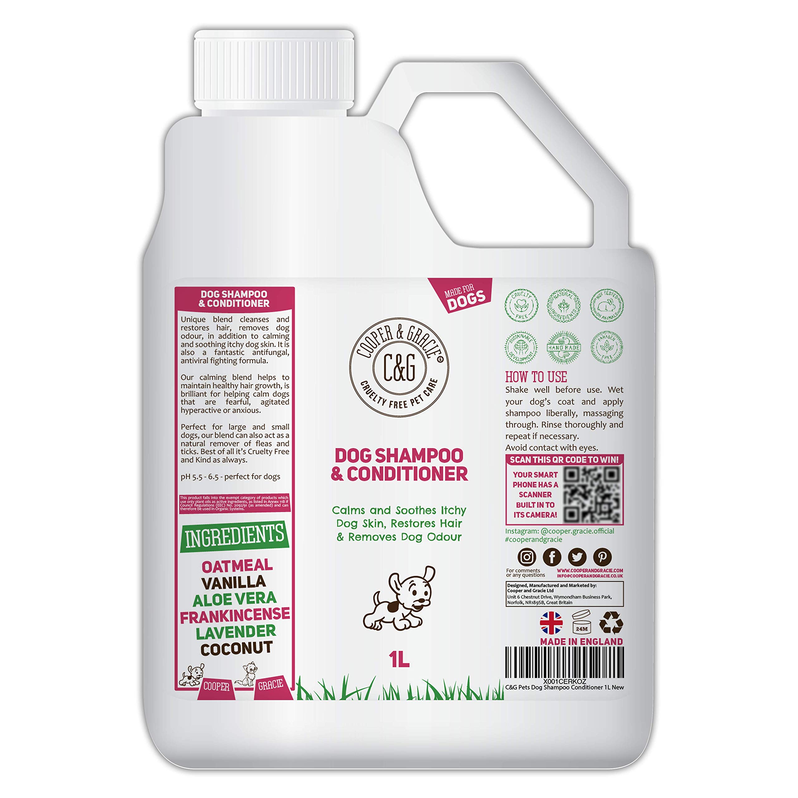 Dog Shampoo & Conditioner 1L - Grooming for Sensitive Skin, Itchy Skin, Smelly Dogs - Anti-Itch, Anti-Bacterial & Anti-Fungal Formula - Soothes & Restores Coat