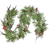 Christmas 6Ft Pine Garlands Garland, Realistic Artificial Faux Greenery Garland with Pine Cone and Berry for Mantle Holiday Indoor Outdoor Fireplace Winter Christmas Decor