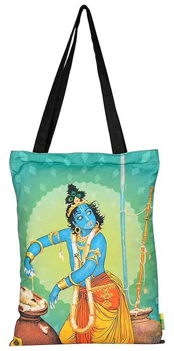 Eco Corner - Krishna Stealing Butter - Tote Bag - Official Amar Chitra Katha - Tinkle Merchandise - 100% Cotton/Printed On Both Sides/Pocket Inside/Zip Closure