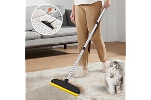 Rundik Carpet Rake for Pet Hair Removal, Reusable Dog Hair Remover with 46”Adjustable Long Handle, Soft TPU & Metal Dog Hair Broom Cat Fur Brush, Carpet Scraper Remover Tool for Fluff Carpet, Bed, Rug