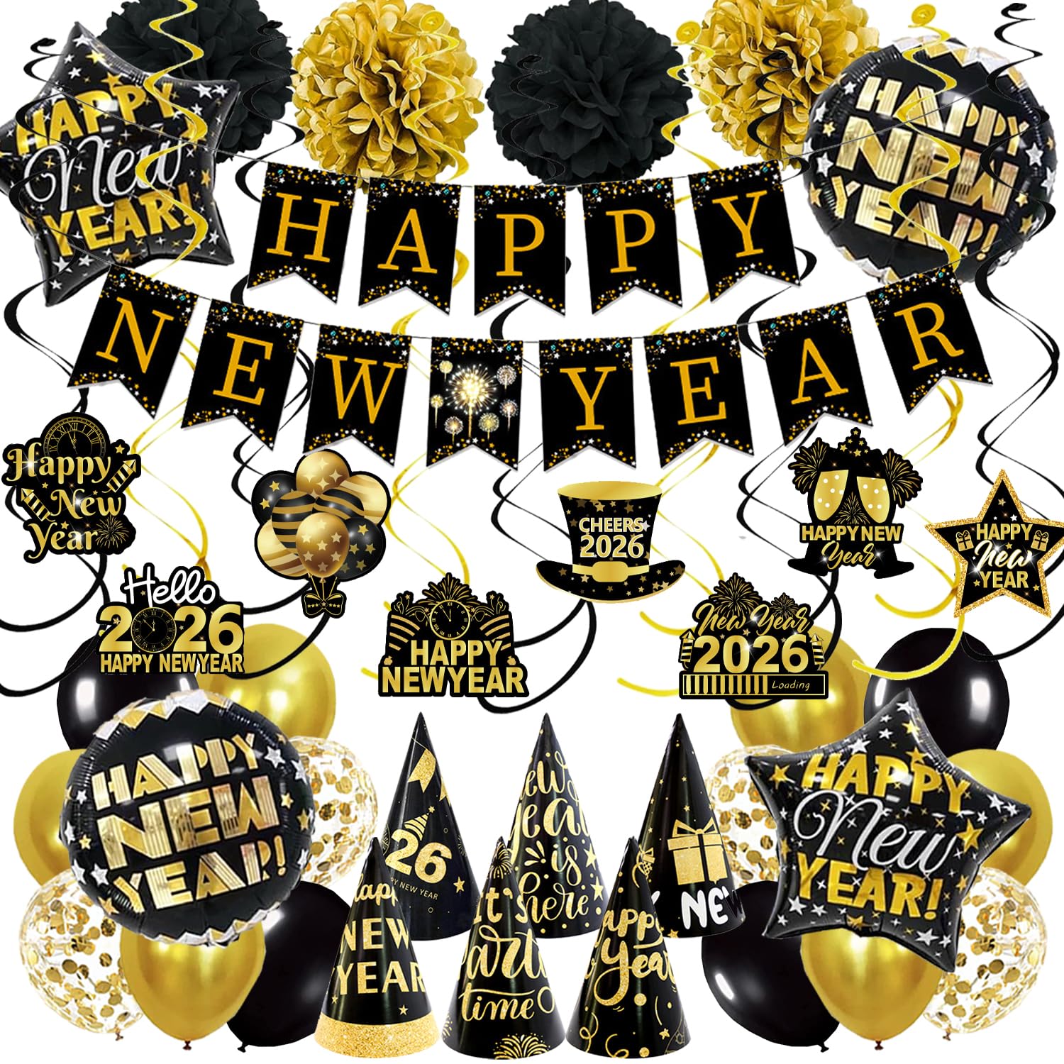 View 1 of 2026 New Year Party Decorations Black Gold Happy New Year Banner Balloons Pom Poms Hats Photo Props NYE Decor Supplies for Home Office Holiday Celebrations
