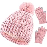 Kids Winter Hat and Gloves Set, Girl Warm Knit Beanie with Pom Fleece Lined for Toddler Boys Girls 1-6 Years