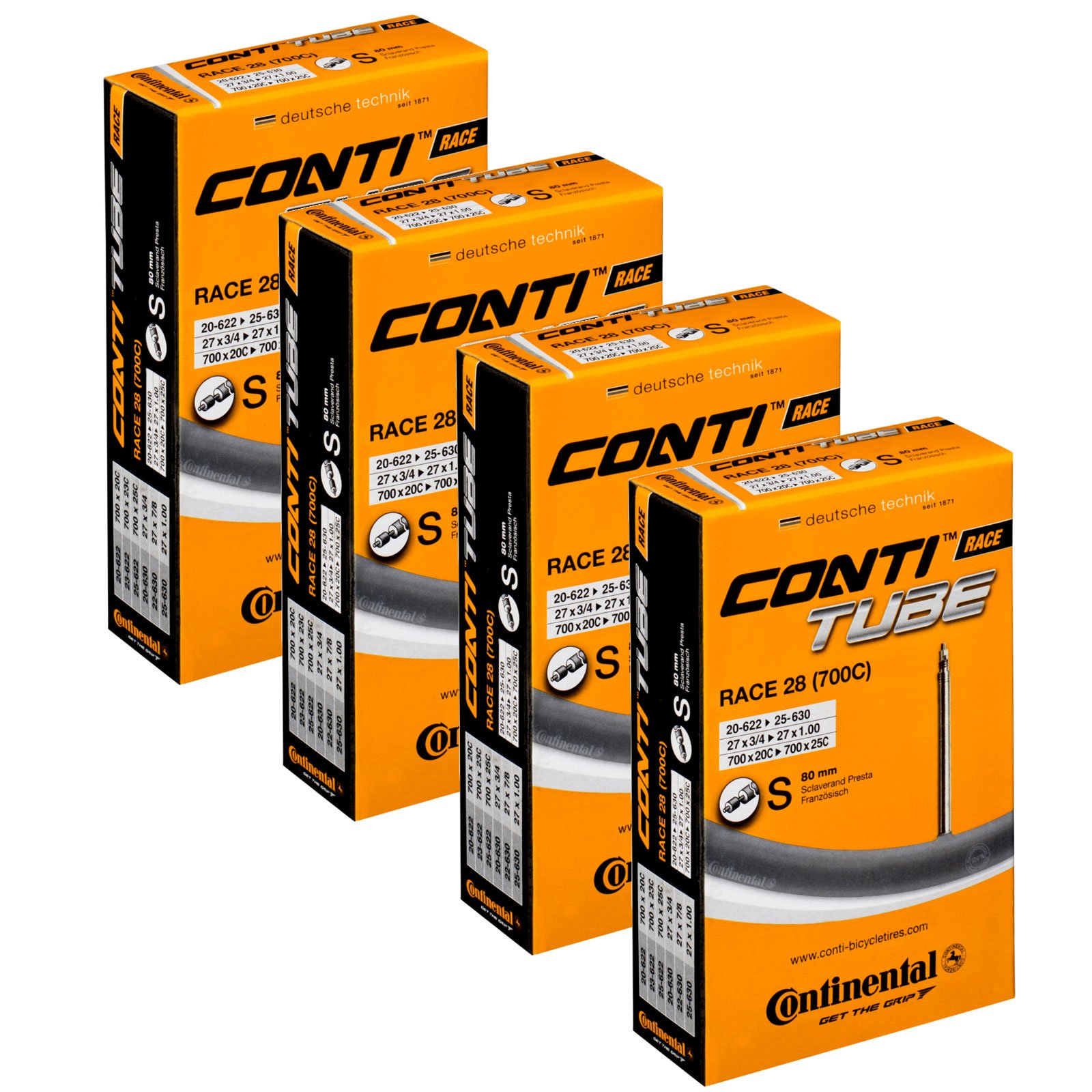 Continental 4 x Bike Inner Tube Race 28 700 20 25 Presta 80mm cycle valve, Black