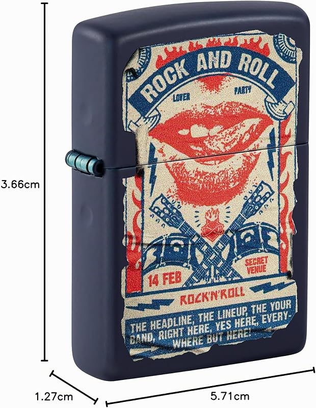 Isqueiro Windproof - Poster de Rock & Roll - Acabamento Azul-Marinho Matte, Imagem a Cores - Recarregável - Reutilizável - Design à prova de vento - Caixa de Presente - Fabricado nos EUA