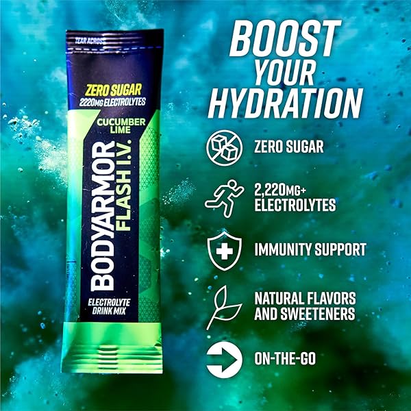 BODYARMOR FLASH IV ELECTROLYTE PACKETS, CUCUMBER LIME – ZERO SUGAR DRINK MIX, SINGLE SERVE PACKS, COCONUT WATER POWDER (6 COUNT)