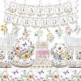Wildflower Birthday Party Decorations - floral Party Supplies, Plates Cups Napkins Tablecloth Happy Birthday Banner Cake Toppers Hanging Swirls for Spring Summer Picnics Weddings Tea Party