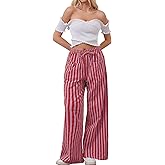 AIHUKOCY Women Drawstring Stripe Wide Leg Casual Trousers Striped Low Rise Casual Loose Lounge Pants with Pockets