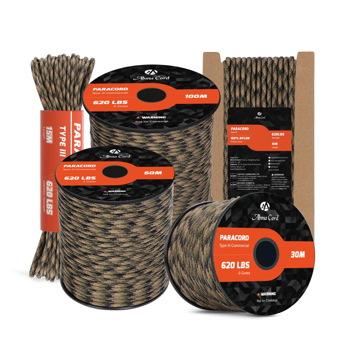 Abma Cord Paracord 4mm 50m 100% Nylon Rope 9 Strands Type III Parachute Cord for DIY, Camping, Survival, Outdoor - Max. 280kg - Tactical Camo