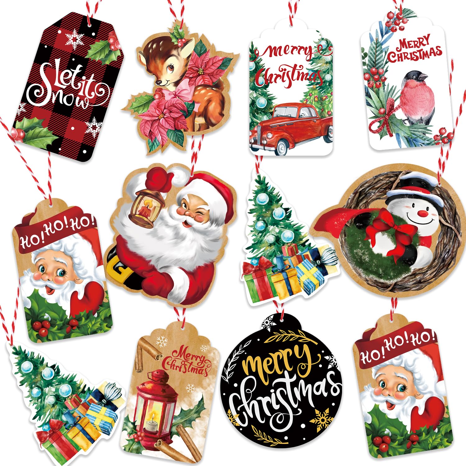 VEYLIN Christmas Kraft Tag, 100 Pieces Santa Christmas Tree Snowman Elk Xmas Hanging Card with 60M String for Festivals Presents