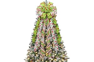 Fvviia Christmas Tree Topper Wreath Large Green Christmas Bow Tree Topper, Red Green Dot Polyester Gift Bow for Xmas Ornament Holiday Handmade Home Wedding Indoor/Outdoor Decoration-13 x 45 Inch