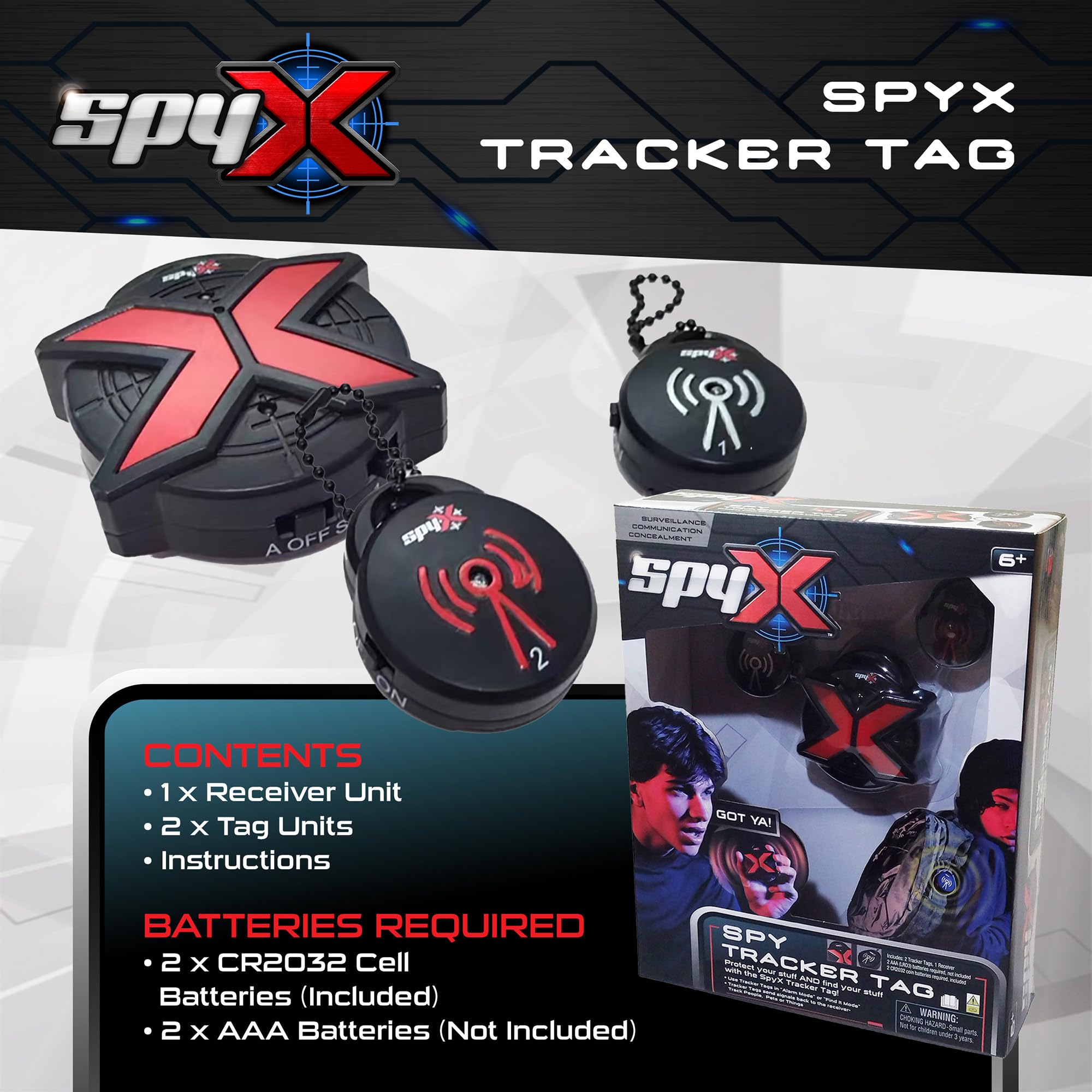 SpyX Spy Tracker Tag - Spy Tracking Toy Gadget For Kids. Protect & Find Your Stuff Or People You Want To Track. Alarm/Track Modes. 2 Spy Tags and 1 Receiver Included
