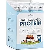 Multi Collagen Protein Powder Packets - Types I, II, III, V & X - Hydrolyzed Grass Fed Bovine, Wild Caught Fish, & Free-Range Chicken & Eggshell Collagen. Non-GMO, Halal, (10g Each, 20 Packets)