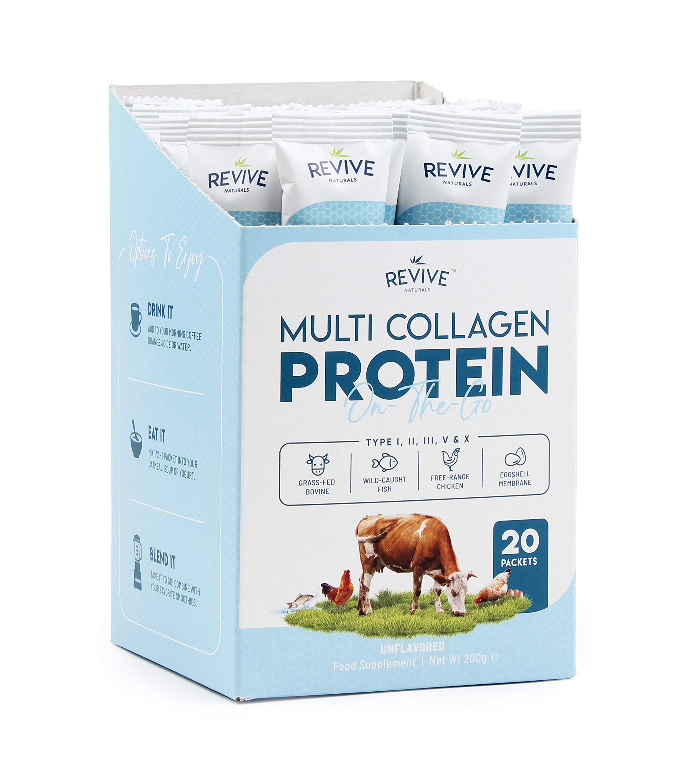 Multi Collagen Protein Powder Packets - Types I, II, III, V & X - Hydrolyzed Grass Fed Bovine, Wild Caught Fish, & Free-Range Chicken & Eggshell Collagen (10g Each, 20 Packets) by Revive Naturals
