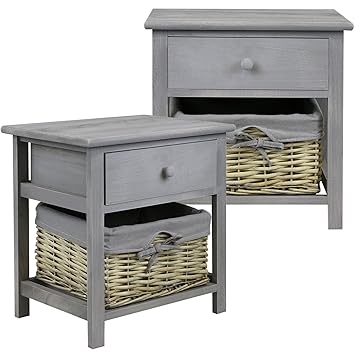 Hartleys Pair Of Grey Bedside Cabinets With Wicker Storage Basket