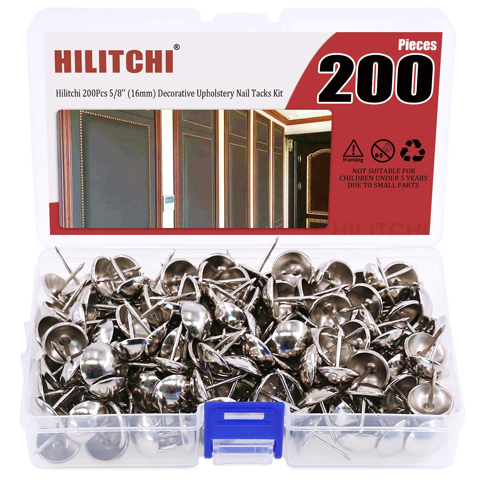 Hilitchi 200 Pieces 5/8'' (16mm) Round Dome Head Vintage Decorative Upholstery Nails Tacks Furniture Sofa Thumb Tacks Nails Pins with Clear Plastic Case (Silver)