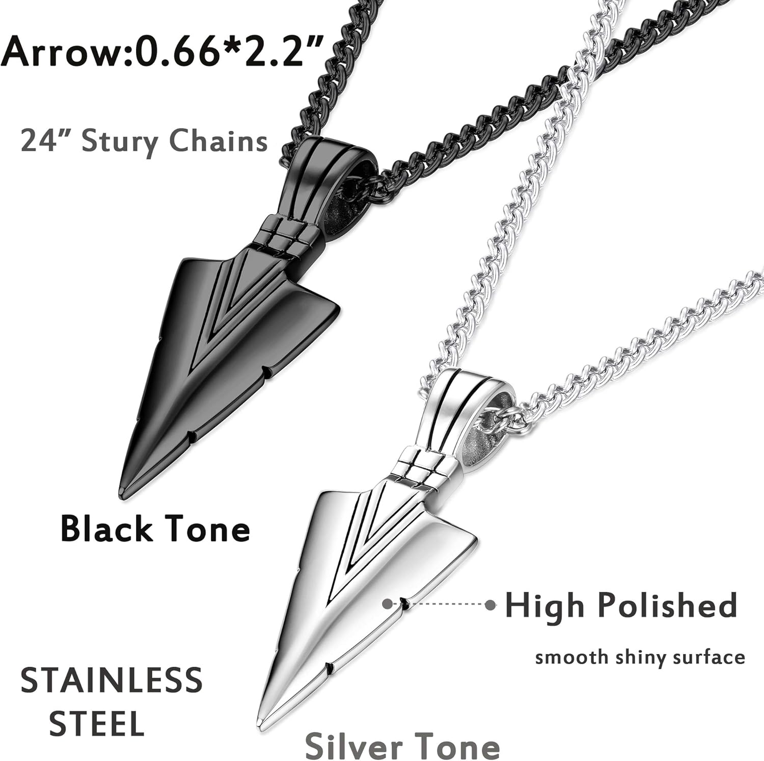 Jstyle Stainless Steel Pendant Necklace for Mens Boys Cool Spearpoint Arrowhead Pendant Chain Necklace Set Black & Silver Tone | 