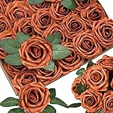 25pcs Artificial Flowers Burnt Orange Foam Fake Rose with Stems 8 Leaves Real Looking Faux Terracotta Roses for Wedding Bouquets Bridal Shower Centerpieces Arrangements Party Tables Decorations DIY