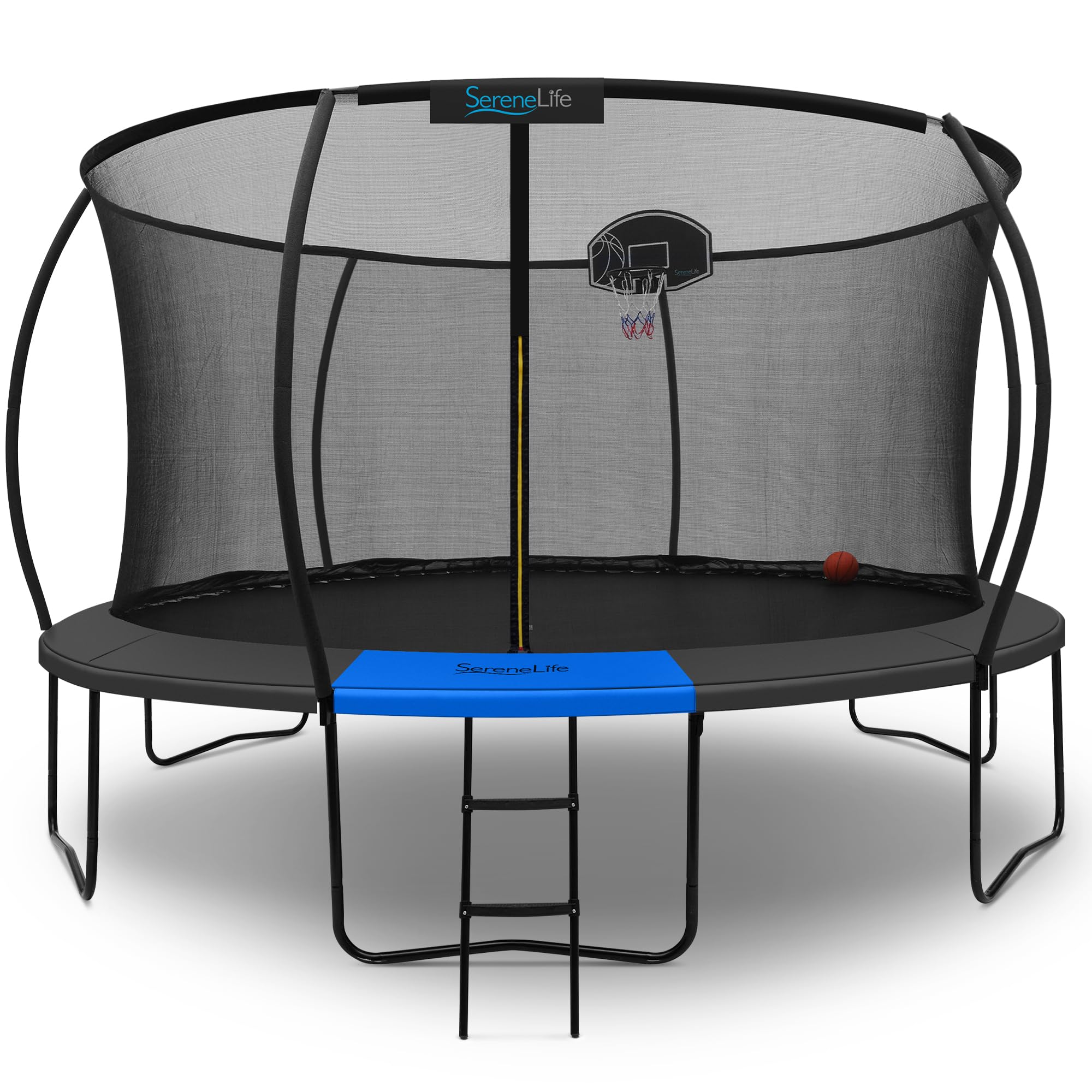 SereneLife 14FT Outdoor Trampoline for Kids – Durable Backyard Kids Trampoline with Curved Safety Poles, Net Enclosure, Ladder & Basketball Hoop – ASTM Certified, Supports 330 lbs, 168"x116", Black Image