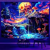 Onivein Blacklight Skull Forest Tapestry UV Reactive Skeleton Mushroom Tree Waterfall Tapestries Wall Hanging Aesthetic Decor for Bedroom Dorm Living Room (51.2 x 59.1 Inches)