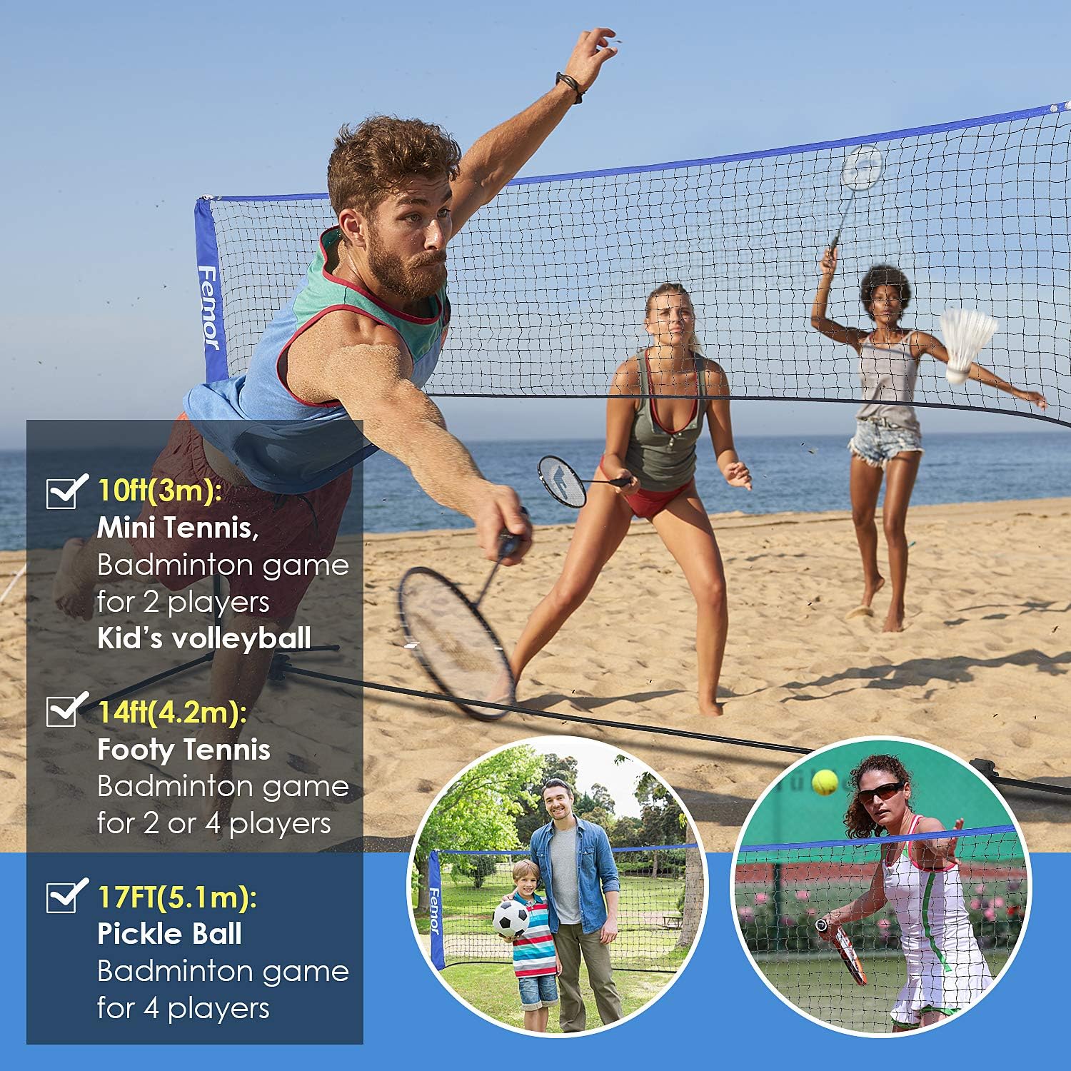 femor Portable Badminton Tennis Net - Adjustable Net for Soccer Tennis, Kids Volleyball, Beach Ball - Sports Net Set for Indoor, Outdoor, Beach, Driveway : Sports & Outdoors