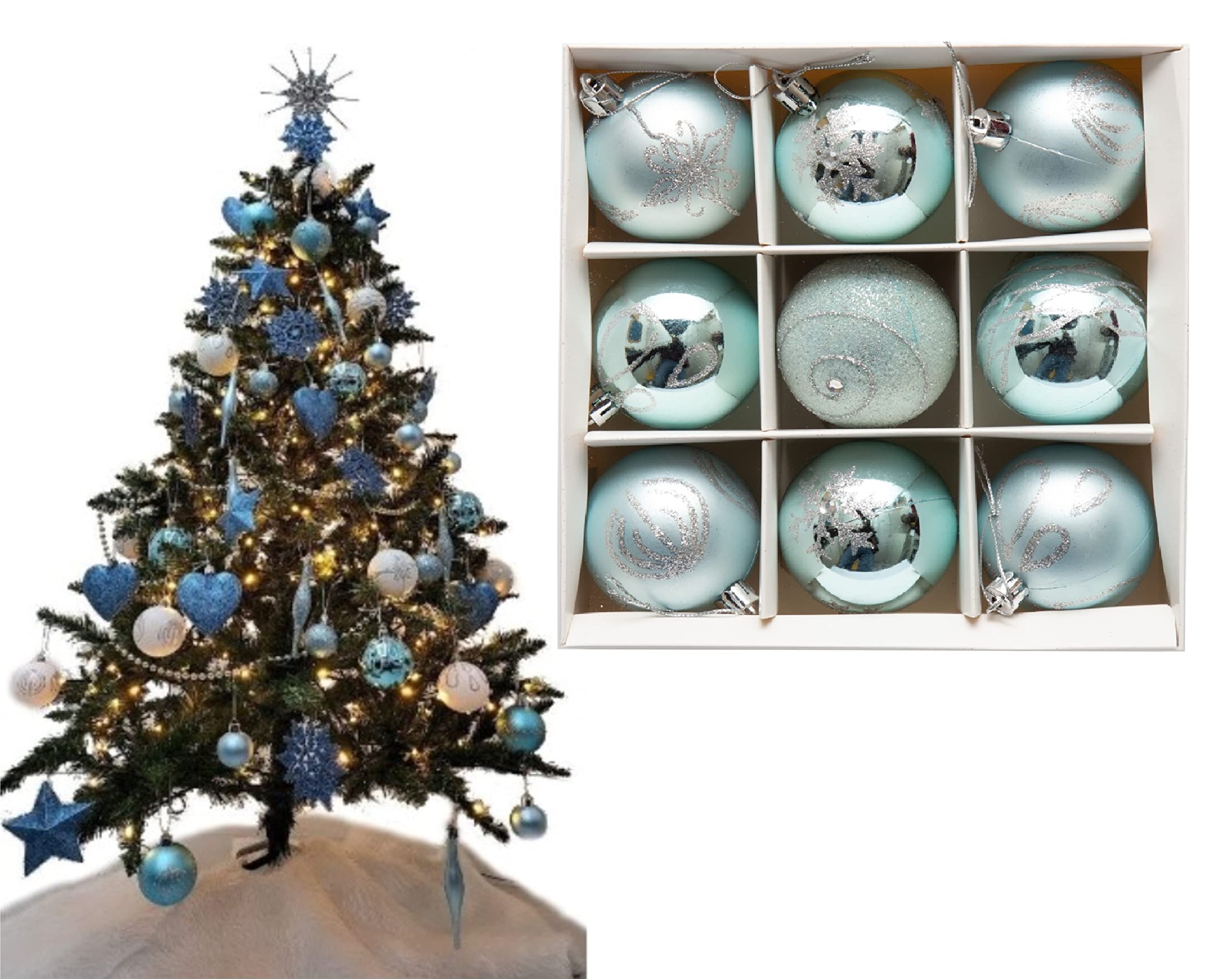 9pc Luxury Premium Baubles, Christmas Tree Bauble Decorations Matte, Glitter, shiny & Frosted (6cm) (Ice Blue) — image 1