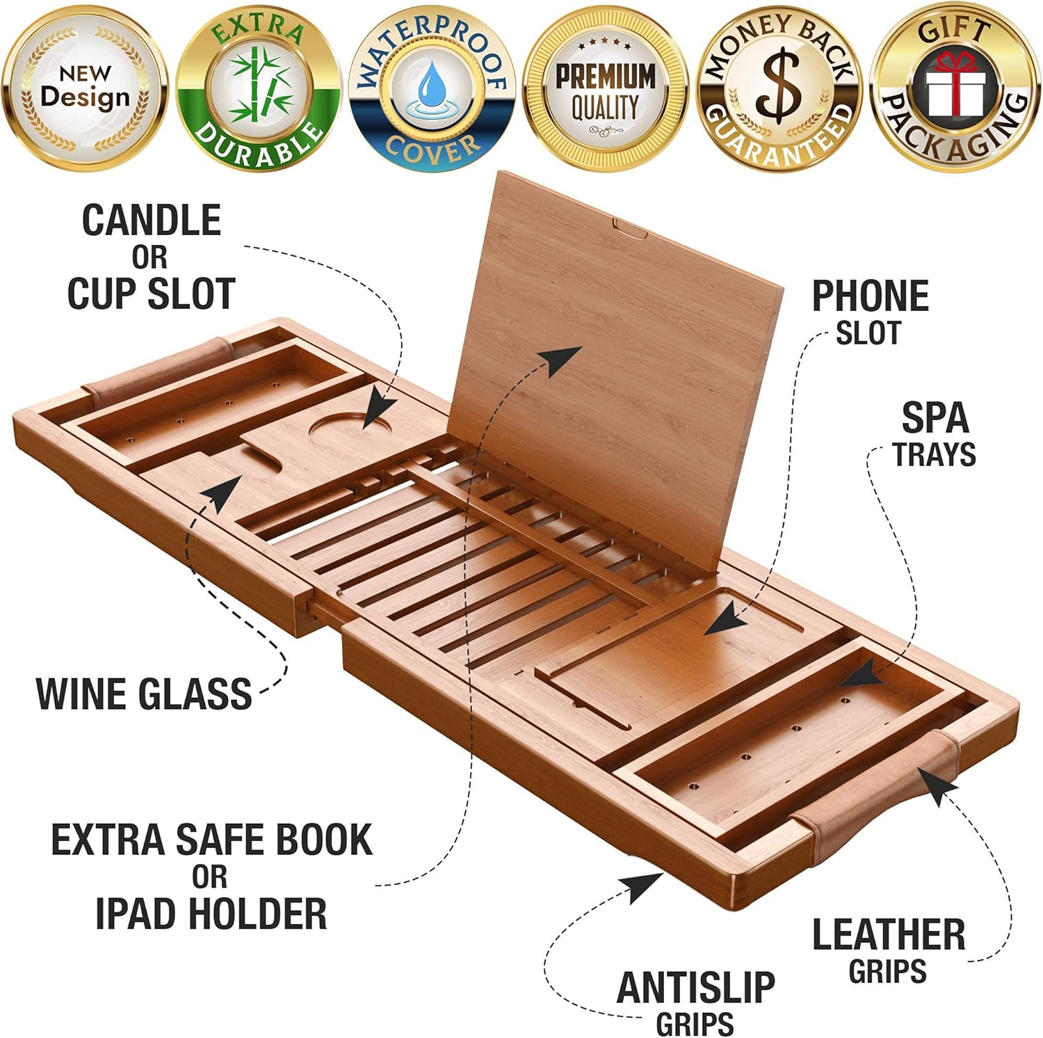 YM Lux Craft Bamboo Bathtub Caddy Tray [Durable, Non-Slip], 1-2 Adults Expandable Bathtub Tray, Beautiful Gift Box, Fits Any Tub Bath - Holds Book, Wine, Phone, Ipad, Laptop: Kitchen & Dining