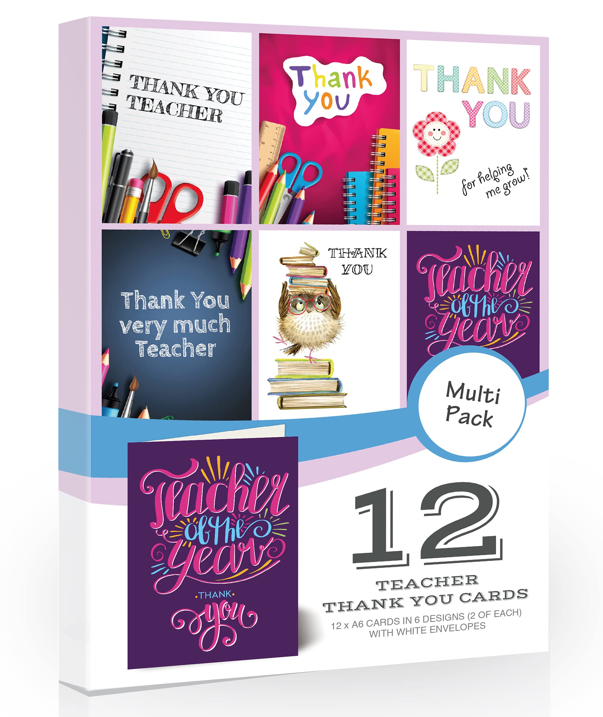 Olivia Samuel 12 x Teacher Thank You Cards from Multipack of mixed designs with white envelopes