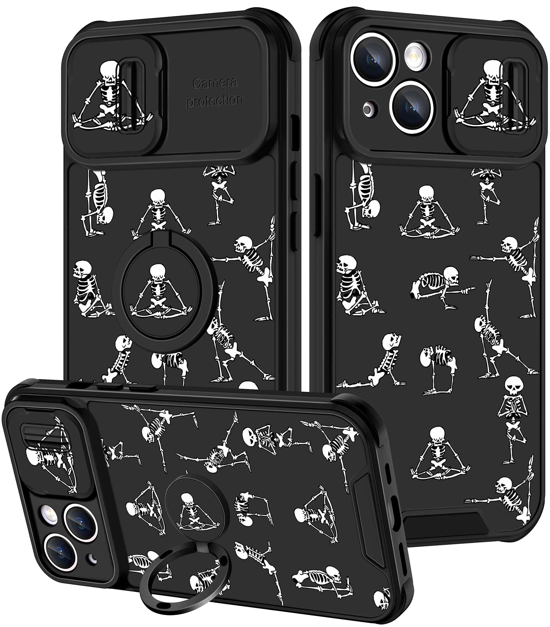 Goocrux (2in1 for iPhone 14 Plus Case Skull for Women Cute Skeleton Yoga Phone Cover Goth Horror Design with Slide Camera Cover and Protective Cool Black Fun Teen Cases for iPhone 14Plus 6.7''