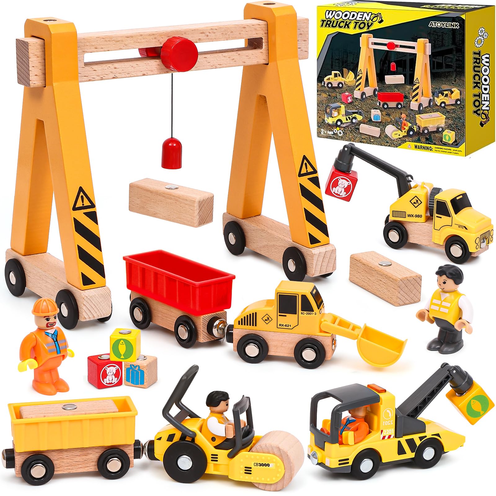 Atoylink Wooden Construction Vehicle Toys Gifts Boys Kids 2 3 4 5 Years, Magnetic Vehicles Site Playset with Gantry Crane, Excavator, Crane, Road Roller, Tow Truck, Wooden Truck Toy Gift Kids Toddler