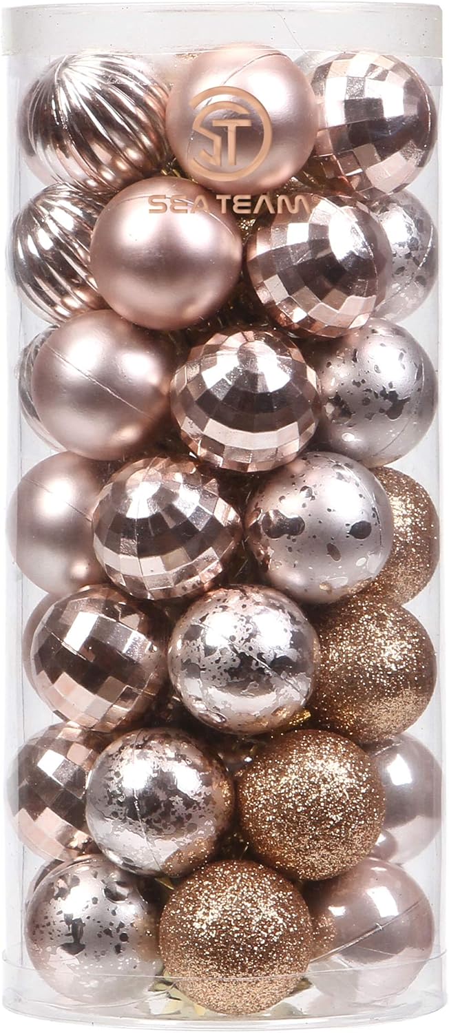 Sea Team 46-Pack Christmas Ball Ornaments with Strings, 30mm/1.18" Mini Size Baubles, Shatterproof Plastic Christmas Bulbs