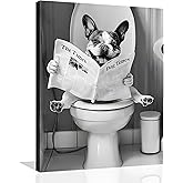 OWNANRTHM Dog Bathroom Wall Art Funny Animal Bathroom Canvas Wall Art Dog on Toilet Poster Black and White Animal Toilet Prints Picture for Bath Restroom Wall Framed 8X10 inch