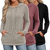 Sweetyweee 3 Pack Women's Long Sleeve Hoodie Sweaters, Kangaroo Pocket Shirts Loose Knit Tops Drawstring Pullover Sweatshirts