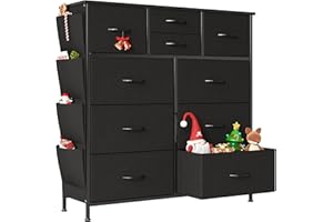 Mexin Dresser for Bedroom, 10 Drawer Chest of Drawers, Sturdy Fabric Storage Tower with Wood Top & Metal Frame, Modern Closet