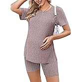 Ekouaer Maternity Sets 2 Piece Outfits Ribbed Knit Short Sleeve Shirts and Biker Shorts Pregnancy Loungewear Mama Clothes